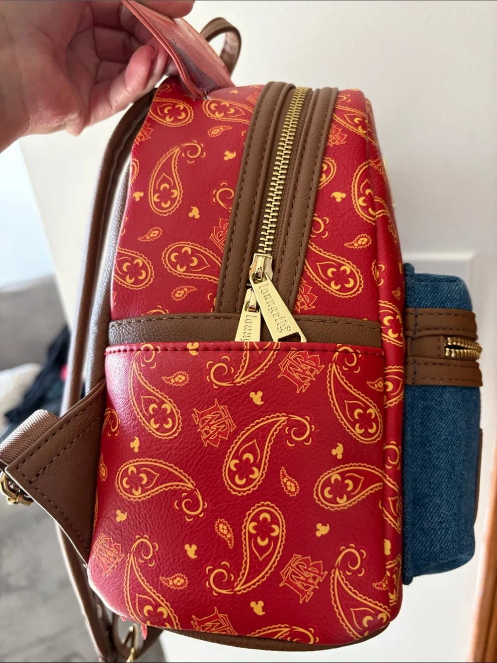 Loungefly Red Paisley Kids Mini Backpack with Denim Front Pocket